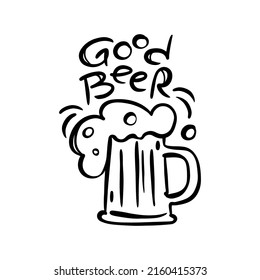 CRAFT BEER MUG Tasty Drink In Mug With Foam And Handwritten Text Good Beer Hand Drawn Monochrome Cartoon Vector Illustration Set