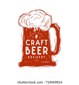 Craft beer mug and typographic emblem. Illustration in linocut style