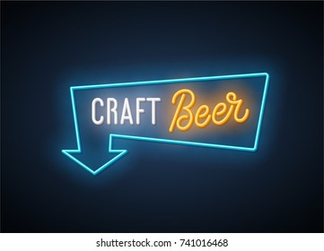 Craft beer neon signboard. Vector Illustration.