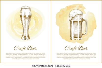 Craft beer objects set hand drawn vector sketches. Full tumblers with flowing foam isolated on beige, stain vintage icons illustration for bar menu