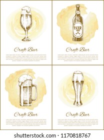 Craft beer objects set hand drawn vector sketches. Full tumblers with flowing foam isolated on beige stain vintage icons illustrations for bar menu