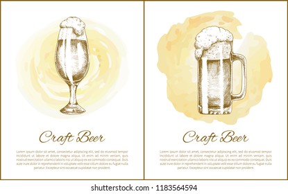 Craft beer objects set hand drawn vector sketches. Full tumblers with flowing foam isolated on beige stain vintage icons illustrations for bar menu