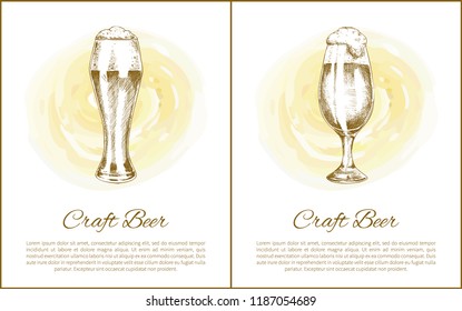 Craft beer objects set hand drawn vector sketches. Full tumblers with flowing foam isolated on beige stain vintage icons illustrations for bar menu