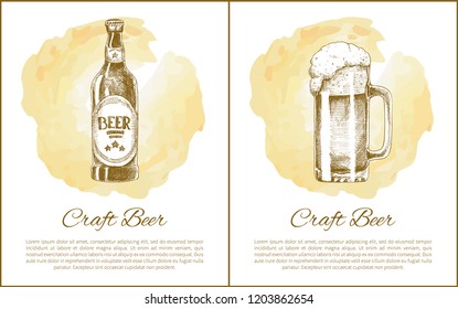 Craft beer objects set hand drawn vector sketches. Full tumbler with flowing foam and closed bottle isolated on beige stain vintage icon for bar menu