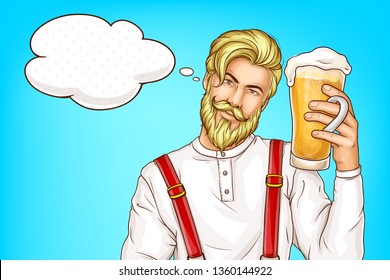 Craft beer, Oktoberfest festival pop art vector advertising banner with happy smiling blonde, bearded man holding glass full of fresh foamed beer illustration. Bar, pub or restaurant promo poster