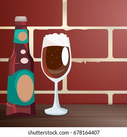 Craft beer on a wooden table, near a brick wall. Vector realistic illutration