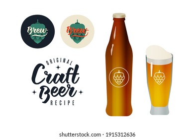 Craft Beer. Original Recipe. Modern Vector Illustration. Lettering Composition with Decorative Elements. Badges with Hops and Brew Lettering. Beer Bottle with Glass of Beer Head. Social Media Ads. 