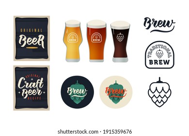 Craft Beer. Original Recipe. Original Beer. Modern Vector Illustration. Lettering Compositions with Decorative Elements. Badges with Hops. Brew Lettering. Glasses with Beer Head. Social Media Ads. 