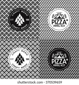 Craft beer and pizza seamless patterns and labels. Black and white illustration