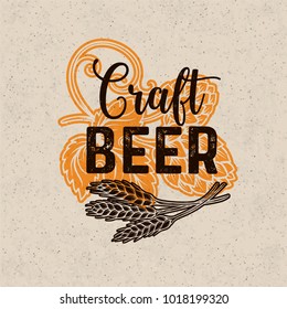 Craft Beer Poster. Alcohol Menu Design In Retro Style. Vector Pub Template With Hops And Wheat.