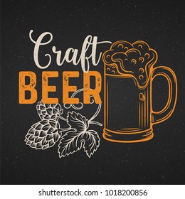 Craft beer poster. Alcohol menu design in retro style. Vector pub template with beer mug, hops and lettering.