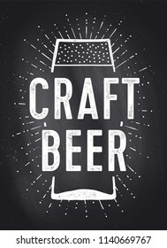 Craft Beer. Poster or banner with text craft beer. Black-white chalk graphic design on chalk board, black background. Poster for menu, bar, pub, restaurant, beer theme. Vector Illustration