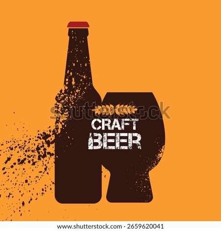 Craft beer, poster for bar, restaurant banner, menu, flat design outline illustration bottle and glass, splashes, grunge. Kitchen decor, alcohol store, dark, light beer, lager, booze