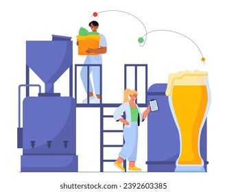 Craft beer production concept. Man and woman with box of hop and glass near alcohol plant. Alcoholic drinks and beverages. Cartoon flat vector illustration isolated on white background