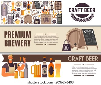 Craft beer production in premium brewery, variety of tastes and flavors. Bartender pouring alcoholic beverage in shop store. Promotional poster or banner with sample text. Vector in flat style