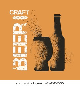 Craft beer, pub banner, spray design, splashes. Beer bottle, glass, vintage style, lager, drink party