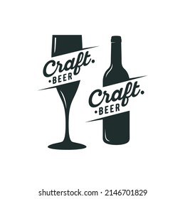 
craft beer pub, brewery, bar logo design with bottle and sunrburst silhouette. Vector label, emblem, typography.