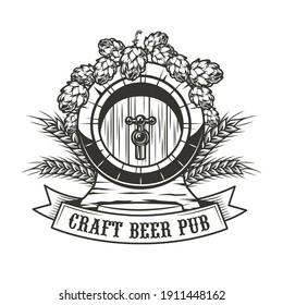 Craft beer pub emblem design. Monochrome element with barrel, hops and wheat ears vector illustration with text. Alcohol and bar concept for symbols and labels templates