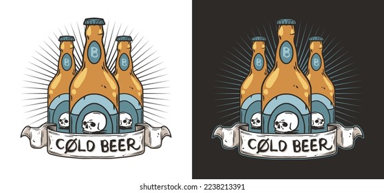 Craft beer pub emblem or vector design for logo of bar with beer bottles. Drink print or graphic label for brewery or factory.