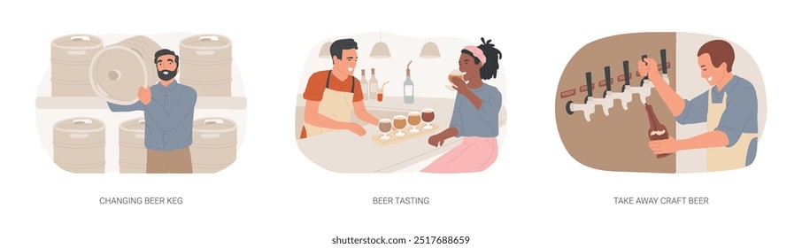 Craft beer pub isolated cartoon vector illustrations set. Bar worker changing a keg, professional bartender giving small portions for tasting, local brewery, takeaway draft beer vector cartoon.