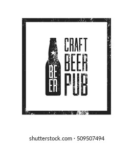 Craft Beer Pub Logo Concept Isolated On White Background. Beer Bottle Silhouette. Brew Pub Sign Vector Illustration. Simple Mono Craft Beer Icon Infographic Pictogram. Brewery Label Artwork Design.