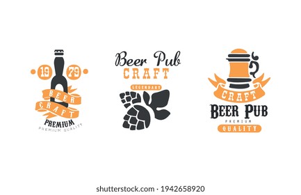 Craft Beer Pub Logo Templates Design Set, Premium Quality Product, Brewing Company, Bar Vintage Labels Vector Illustration