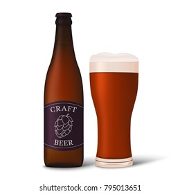 Craft beer. Realistic beer bottle and beer glass isolated on white background. Vector illustration