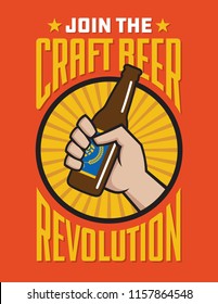 Craft Beer Revolution vector badge or label design.
Fist holding a bottle of craft beer in retro logo banner design.