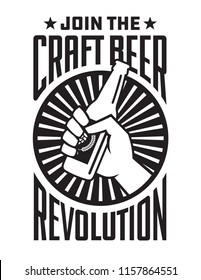 Craft Beer Revolution vector badge or label design.
Fist holding a bottle of craft beer in retro logo banner design.