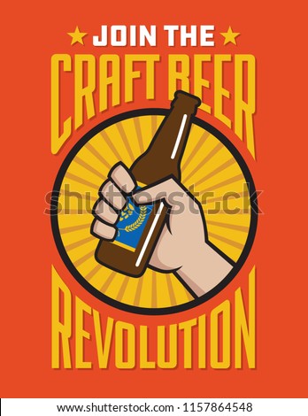 Craft Beer Revolution vector badge or label design.
Fist holding a bottle of craft beer in retro logo banner design.