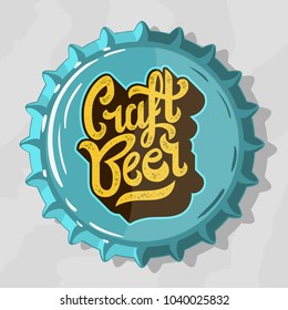 Craft Beer Script Lettering Logo  With Top View Beer Bottle Cap. Vector Graphic.