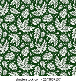 Craft Beer Seamless Pattern. Malt And Hop Elements. Illustration In Linocut Style. White Print On Green Background