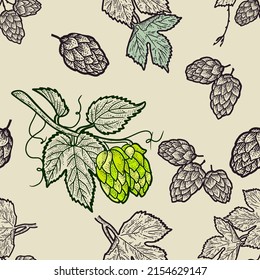 Craft beer seamless pattern. Malt and hop elements. Illustration in linocut style. In art nouveau style, vintage, old, retro style.