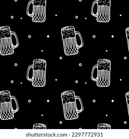 Craft beer seamless pattern. Mugs and glasses for toast with beer on black background. Vintage vector engraving illustration for web, poster, invitation to party