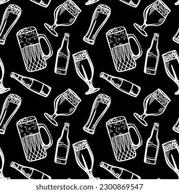 Craft beer seamless pattern. Mugs and glasses for toast with beer on black background. Vintage vector engraving illustration for web, poster, invitation to party