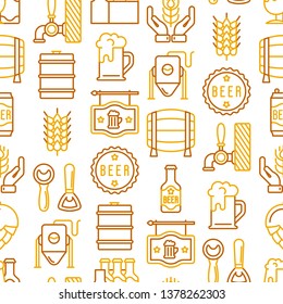 Craft beer seamless pattern with thin line icons related to Octoberfest: beer pack, hop, wheat, bottle opener, manufacturing, brewing, tulip glass, mag with foam, can. Modern vector illustration.