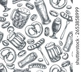 Craft beer seamless pattern. Vector hand drawn sketch illustration of mug, glass, sausage, pretzel. Brewing snacks and drinks design for pub menu, Oktoberfest packaging, bar decor, wrapping paper