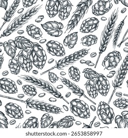 Padrão sem costura de cerveja artesanal. Ilustração de esboço desenhado à mão do vetor de lúpulo, cevada, malte. Elementos de design de ingrediente de cerveja para embalagem, marca de cervejaria, decoração de pub, impressão têxtil, fundo de menu