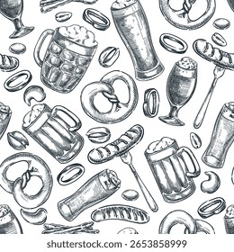 Padrão sem costura de cerveja artesanal. Ilustração do esboço desenhado à mão do vetor da caneca, do vidro, da salsicha, do pretzel. Preparação de snacks e bebidas design para menu pub, embalagem Oktoberfest, decoração de bar, papel de embrulho