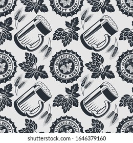 Craft Beer seamless pattern. Vintage style vector illustration.