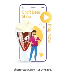 Craft beer shop cartoon smartphone vector app screen. Brewery game. Microbrewery. Man holding pint of beer. Mobile phone display with flat character design mockup. Application telephone cute interface