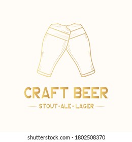 Craft beer shop golden label, badge. Pub emblem with clinking glasses with foam. Vector illustration with gold vintage brand design.