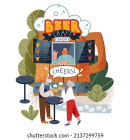 Craft Beer Shop With Man Shopkeeper In Window Of Wooden Booth Vector Illustration. Cartoon Elderly People Drinking Alcohol Drink At Table Near Street Bar Kiosk, Brewing Store In City Market Or Fair