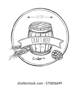 Craft beer sketch concept with wooden barrel wheat hop cone and ribbon on white background isolated vector illustration