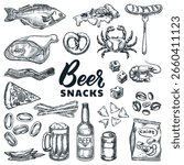 Craft beer and snacks assortment. Vector hand drawn sketch illustration of mugs, bottles, pretzels, sausages, fish and chips. Design elements for brewing pub menu, Oktoberfest, bar