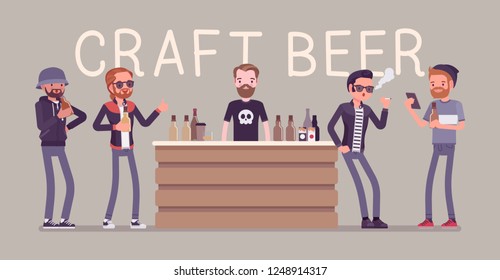 Craft beer store bar male visitors. Men gathering in a bottle shop to relax, buy and enjoy drink, guy biercafe party, pub friends meeting after work or weekend. Vector flat style cartoon illustration