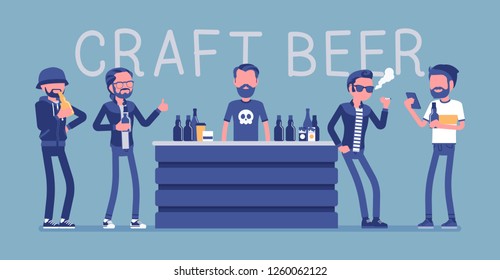 Craft beer store bar male visitors. Men gathering in a bottle shop to relax, buy and enjoy drink, guy biercafe party, pub friends meeting after work, weekend. Vector illustration, faceless characters