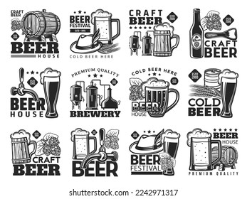 Iconos de cervecería de artesanía y tanques. Festival de cerveza Oktoberfest, bar o pub monocromo emblema retro vectorial con barril de madera y barril, sombrero alpino, vidrio tankard y weizs, válvula de grifo, flor de lúpulo