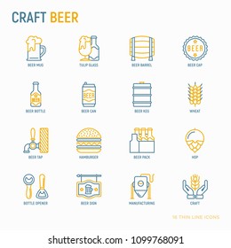 Craft beer thin line icons set related to Octoberfest: beer pack, hop, wheat, bottle opener, manufacturing, brewing, tulip glass, mag with foam, can. Modern vector illustration.