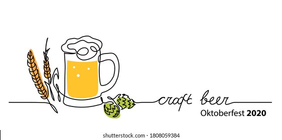 Craft beer vector banner, background with beer glass, hop and barley spikelet. One continuous line drawing background with lettering craft beer.